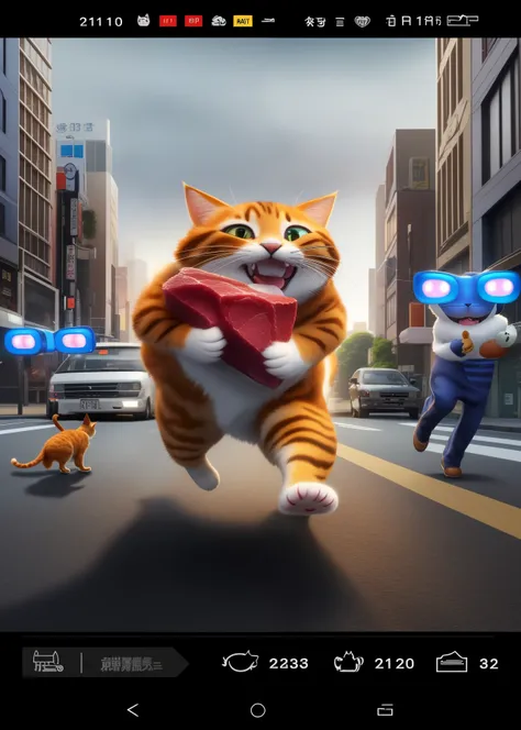 There is a cat biting a big steak，Run in the street, real-life Tom and Jerry, new cat, running cat, Tom and Jerry, cats attacking tokyo, hybrid of mouse and cat, catdog, disneys bambi cat, real person, the cat is walking, run for your life, cats , Garfield...