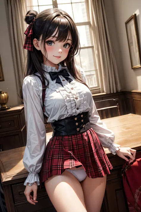 very cute and beautiful girl,(highly detailed beautiful face),(smile),blush,cowboy shot, (white blouse with detailed frills),long sleeve BREAK standing,skirt lift,(white panties), hair ribbon,black hair,(scarlet plaid mini skirt) BREAK antique living room,...