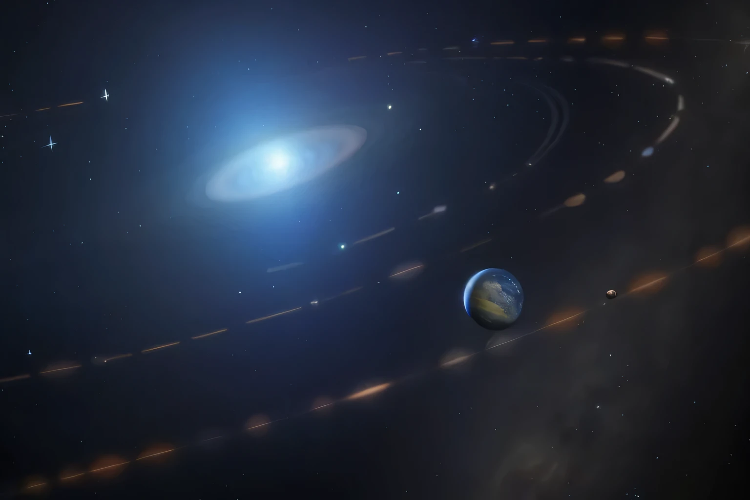 Close-up of a planet，The background is a star, galaxy orbit system, Gravitational lensinging, Sirius System, mobius strip shaped planet, humanoid universe structure, interstellar space setting, Asteroid belt, Gravitational lensing, Asteroid belt in distanc...