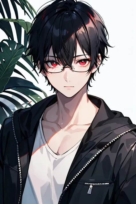 male　black hair　red eyes　very short hair　one person　tropical rain forest　Remains　Glasses　safari　Leopard　masterpiece　Highest image quality　noise removal　clear parts 　cinematic shadow　Increased attractiveness of the eyes　clear parts the shine of the eyes　Dra...