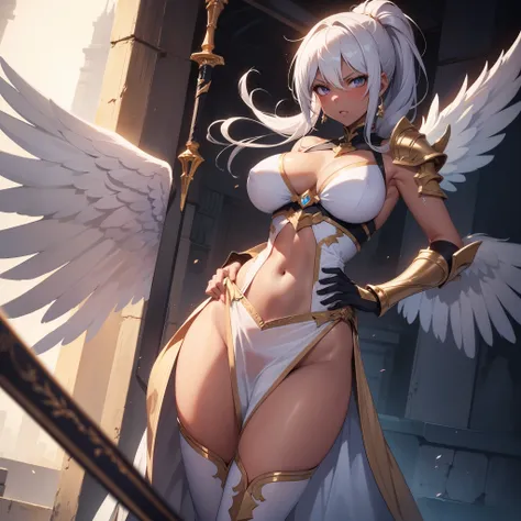 fantasy, 1angel_girl, teen, brown_ponytail_hair, (dark_skin:1.1), bare_shoulder, navel, thigh,silver_shiny_armor, white_clothes,waist_armor, glebe, hold_swords, big_tits, angry, dynamic_fighting_pose, floating, (1pair_white_wings:1.2), sunrise_city_backgro...