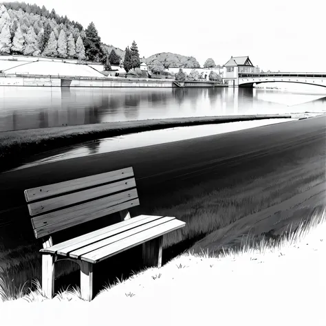 (masterpiece, best quality:1.2), (line drawing), ((monochrome)), river and bench