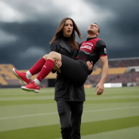 They play football on a field, while a man carries a woman, Julia Sardinier, im Stil von Kyrill Kotaschew, sportliche Modefotografie, von Christen Dalsgaard, von Juan Carlos Stekelman, von Julia Pishtar, von Jan Tengnagel, Professioneller Sportstil, Victor...