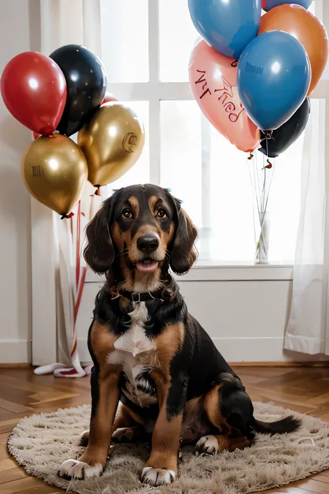 Dackel mit Luftballons, Illustration.