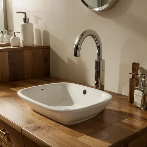 Blurred bathroom sink background and counter table top of wooden planks for products display montage