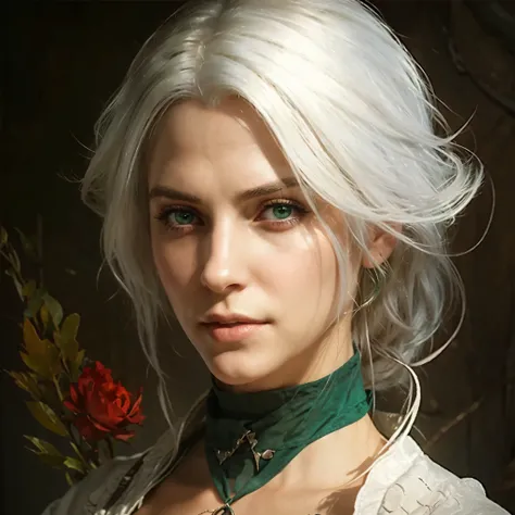 Ciri from witcher 3, beautiful white ash hair colored girl, green emerald eyes, beautiful portrait