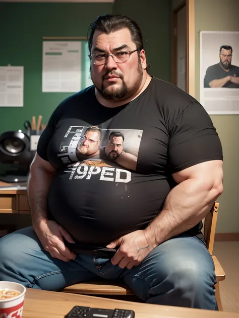 ((HD photo)), Hyper realistic, hires:1.4, 8k, a fat man / Steven seagal / 40 years old, sitting, holding ramen bowl, badly fitting t shirt, overweight messy hair, nerd glasses, leering, greasy, stained jeans, dark bedroom, posters, game console, pc, dakimu...