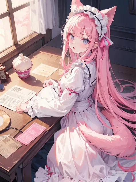 on the table, best quality, (perfect face:1.1), (high detail:1.1), (Super detailed eyes), dramatic, Ultra-detailed illustrations, Very detailed, 1 girl in, (pale skin),Pink hair, ethereal eyes, (light eyebrows),  open mouth, blush, alone, (double tail), Po...