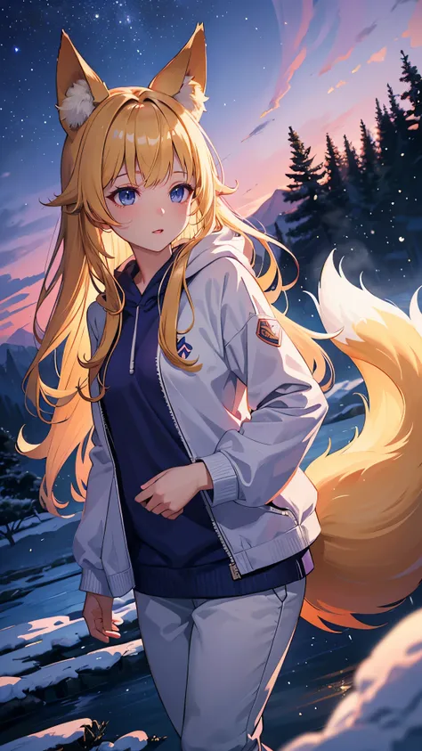 1girl, fox girl, kitsune girl, fox ears, animal ear fluff, fox tail, fluffy fox tail, large fox tail, nine fox tails, (tails attached to body), kyuubi, long hair, wavy hair, messy hair, neon blue eyes, starry eyes, light smile, parted lips, blonde hair, sk...