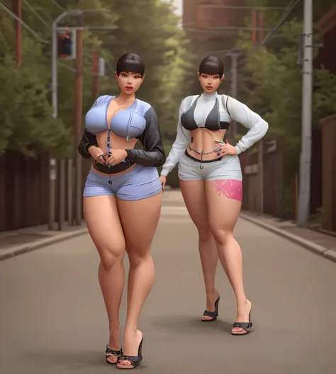 two women in short shorts and a pink top are standing next to each other, realistic body shape, in clothes! highly detailed, whole body highly detailed, highly detailed full body, realistic shaded perfect body, realistic body features and face, full body a...