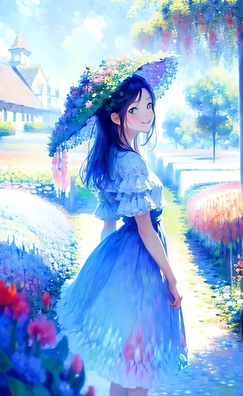 (girl in flower), colorful, (Oil), insane color, (Oil Color), (high quality), (high detail),fantasy,Created,(Monets Garden),Shoulder Focus, From the side, (Radiant smile)