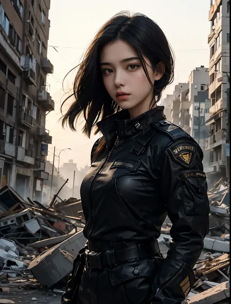 A beautiful woman. she is eighteen years old. She wears black metallic combat uniform. she has black hair. She has a serious expression. She is standing in the middle of a city that has been reduced to rubble. A masterpiece.