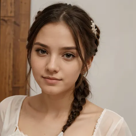 Mulher jovem de 21 anos, FULL BODY, cabelo castanhos longos exuberantes, liso e ondulados), expressivo, french braid, bridal hairstyle, White background