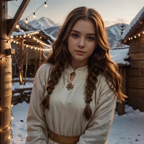 RAW uhd portrait of 24-year-old blonde, Natural red hair, castles, Wavy, (brown-eyed woman), wearing ukrainian national woman costume, vishyvanka, hutsul costume, day time, mountain village, calm and frosty, detailed body, detailed face, oily body, gorgeou...