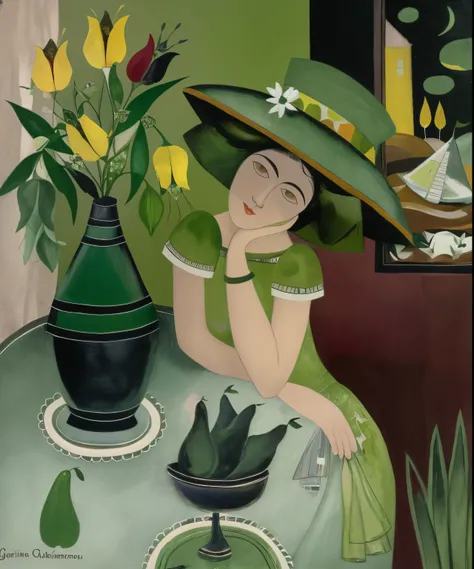 painting of a woman in a green hat sitting at a table with a vase of flowers, Catarina Nolin, Direction: Camila Bombois, Not Paul Gauguin&#39;s style, inspired Direction: Camila Bombois,  elegante, inspired by Natalia Goncharova, No estilo de Henri Roussea...