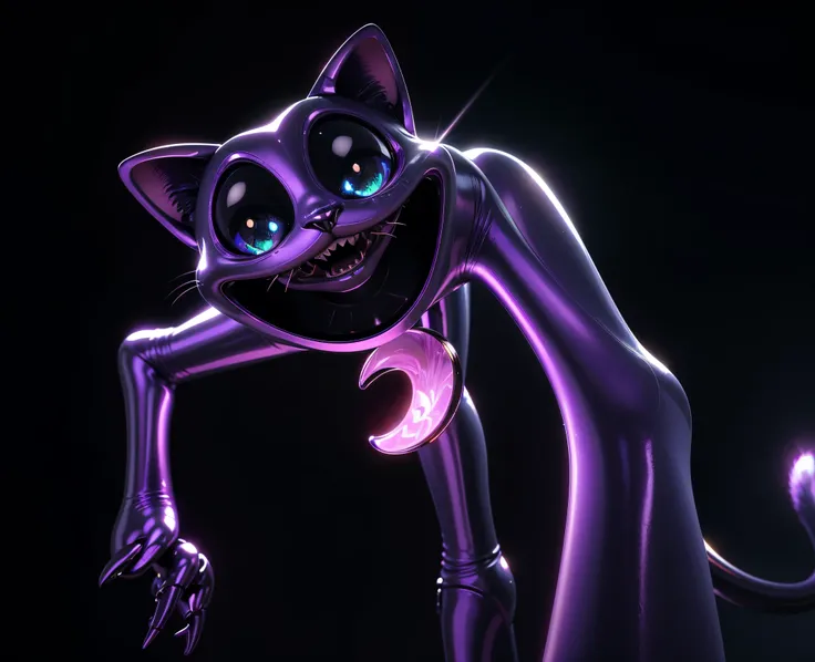 a close up of a creepy 3d cartoon cat with a tail, purple cat, nightmare render, with glowing dark eyes, cat from the void, anthropomorphic cat, purple glowing eyes, cheshire cat, evil., close up of a 3d glossy cartoon cat, purple cat toy, glossy texture, ...