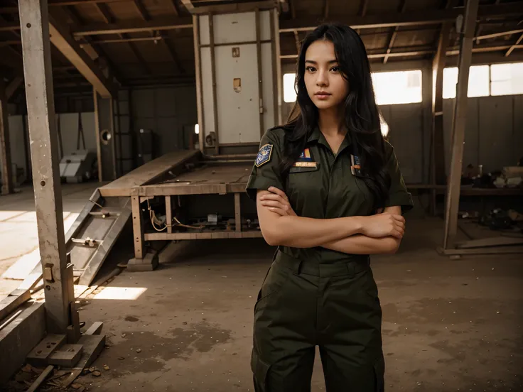 a picture of a female wearing a air force military uniform, in airbase, beautiful face, black hair, long wavy hair, cowboy shot, Thailand girl face, (full body:0.6)