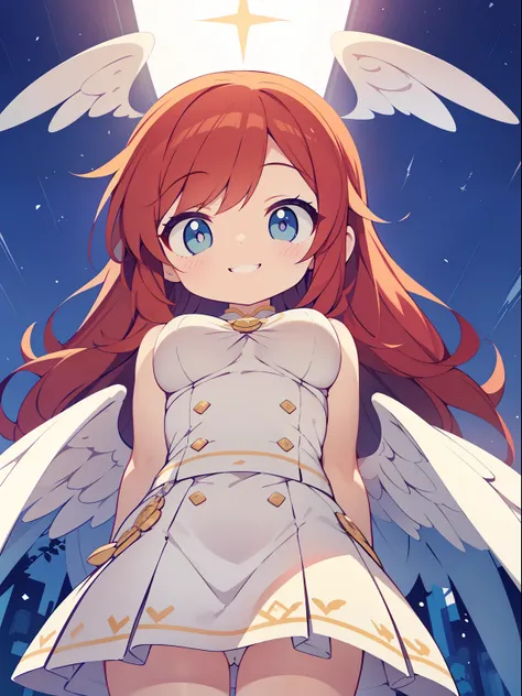 (angel girl:1.2), (1 person:1.2),(10 year old girl)、young girl、big breasts、 nffsw、shader、highly detailed eyes、big breasts、loose and fluffy long hair,,、side boob、Glossy cleavage、redhead、angel wings、silky hair、Angel attire(White thin fabric、plain colors、mini...