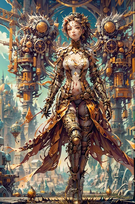 In the vastness of the gallery hall, the stillness is pierced by the commanding presence of a compelling portrait: the futuristic girl warrior, a symphony of reds, whites, and oranges that cascade over her form like the dying embers of distant stars.

She ...