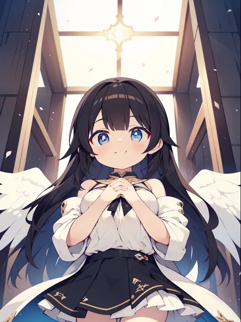 (angel girl:1.2), (1 person:1.2),(10 year old girl)、young girl、big breasts、 nffsw、shader、highly detailed eyes、big breasts、loose and fluffy long hair,,、side boob、Glossy cleavage、black hair、angel wings、silky hair、Angel attire(White thin fabric、plain colors、m...