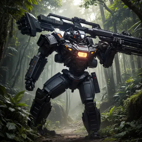 8K、master piece、highest quality、highest level、Highest image quality、muste piece、intricate details、high resolution、depth field、Natural light、professional lighting、A mecha warrior is moving through a tropical jungle in another world.、(Science fiction)、The he...