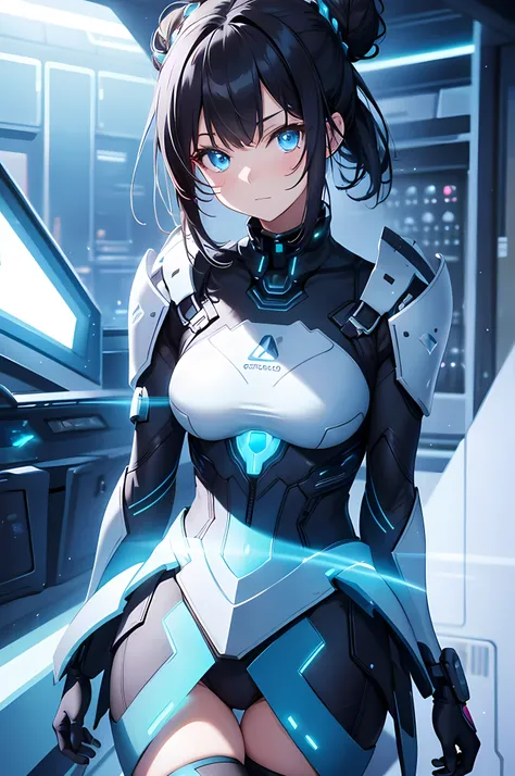 1gril, close up, wearing futuristic gear, cute face, black hair, hair bun, glowing light blue eyes, room, movie, shy, anime, ((masterpiece)), ((best quality)), 4k, highres
