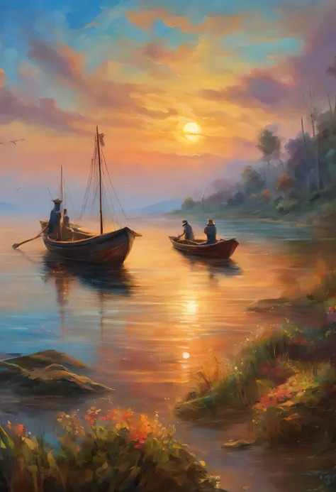 painting of fishermen boats at sunset, several fishermen&#39;s boats anchored in the river and on the sand, reflexo dos barcos no rio calmo e suave, ondas pequenas, Bucolic art, Pintura detalhada 4k, oil painting of a real image, Epic painting, cheio de co...