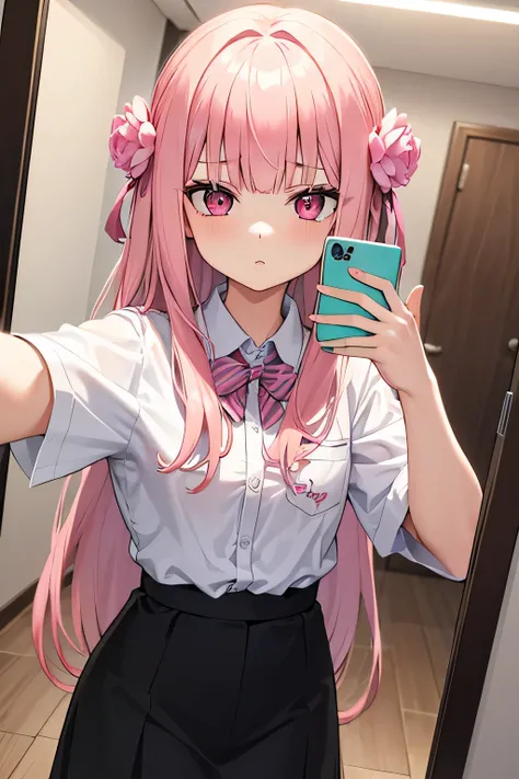 1girl, long hair, pink hair, blunt bangs, 4k resolutions , best resolutions, pink eyes, office uniform, hair flower ornaments, office masterpiece, selfie mirror