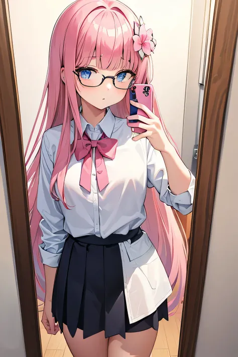 1girl, long hair, pink hair, blunt bangs, 4k resolutions , best resolutions, blue eyes, office uniform, hair flower ornaments, office masterpiece, selfie mirror, wearing glasses