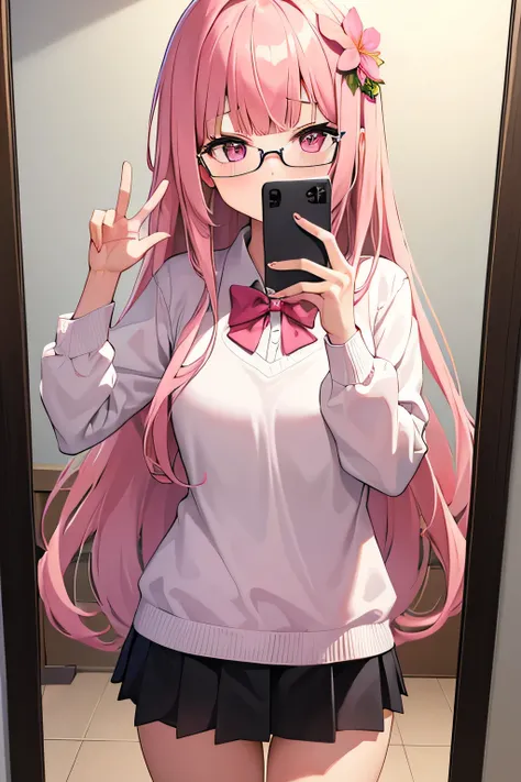 1girl, long hair, pink hair, blunt bangs, 4k resolutions , best resolutions, pink eyes, office uniform, hair flower ornaments, office masterpiece, selfie mirror, wearing glasses