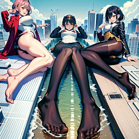 multiple girls, Giantの芸術, 非常に詳細なGiantショット, Giant, short hair, A high school girl who is much bigger than a skyscraper, wearing rimless glasses, big breasts, big ass, navy blue blazer, red tie, mini skirt, black pantyhose, pantyhose barefoot, Steam comes ou...