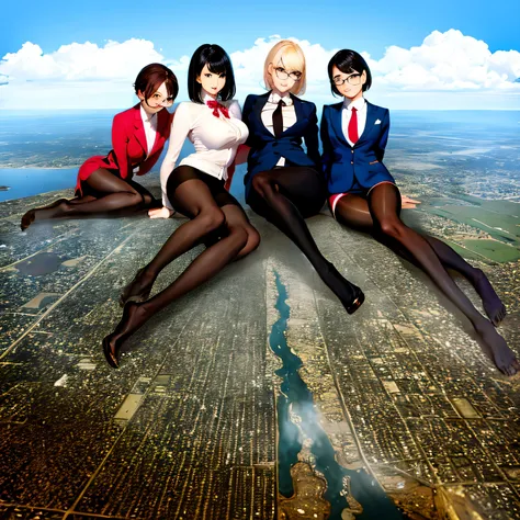 multiple girls, Giantの芸術, 非常に詳細なGiantショット, Giant, short hair, A high school girl who is much bigger than a skyscraper, wearing rimless glasses, big breasts, big ass, navy blue blazer, red tie, mini skirt, black pantyhose, pantyhose barefoot, Steam comes ou...