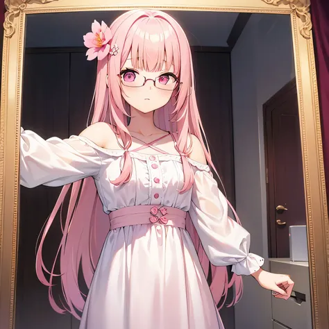 1girl, long hair, pink hair, blunt bangs, 4k resolutions , best resolutions, pink eyes,wearing white dress, hair flower ornaments, bedroom pink, selfie mirror, wearing glasses