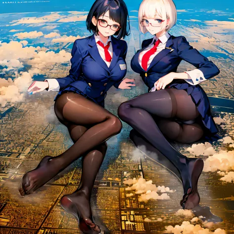 multiple girls, Giantの芸術, 非常に詳細なGiantショット, Giant, short hair, A high school girl who is much bigger than a skyscraper, wearing rimless glasses, big breasts, big ass, navy blue blazer, red tie, mini skirt, black pantyhose, pantyhose barefoot, Steam comes ou...