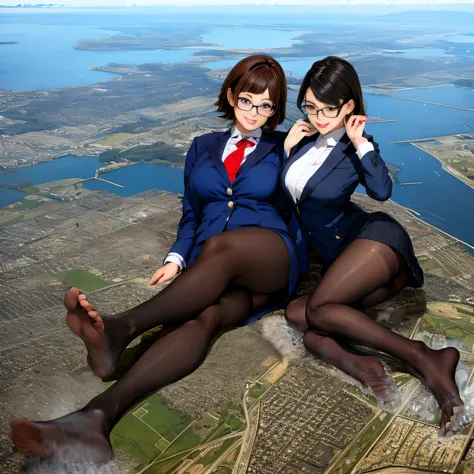 multiple girls, Giantの芸術, 非常に詳細なGiantショット, Giant, short hair, A high school girl who is much bigger than a skyscraper, wearing rimless glasses, big breasts, big ass, navy blue blazer, red tie, mini skirt, black pantyhose, pantyhose barefoot, Steam comes ou...