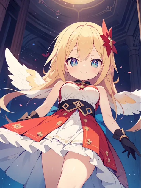 (angel girl:1.2), (1 person:1.2),(10 year old girl)、young girl、big breasts、 nffsw、shader、highly detailed eyes、big breasts、loose and fluffy long hair,,、side boob、Glossy cleavage、blonde、angel wings、silky hair、Angel attire(pink thin fabric、plain colors、mini s...