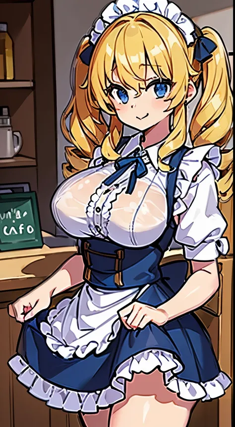 (8K、Top image quality、top-quality、​masterpiece)、1 girl(())、((blonde curly hair twin tails))、Wavy Hair,、blue eyes、evilsmil、((Big breasts))、maid clothes、((shortsleeves))、is standing、Cafe background、nsfw