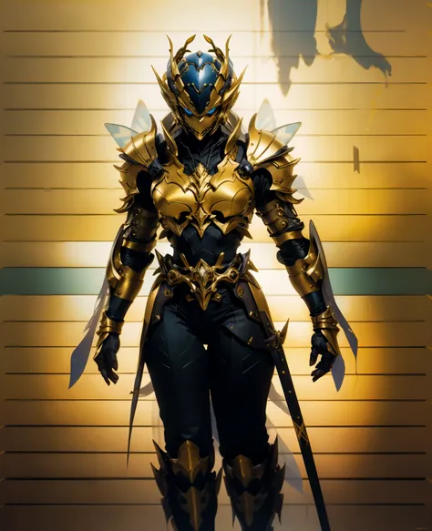 A woman adorned in fantasy-style full-body armor, a crown-concept fully enclosed helmet that unveils only her eyes, a composite layered chest plate, fully encompassing shoulder and hand guards, a lightweight waist armor, form-fitting shin guards, the overa...