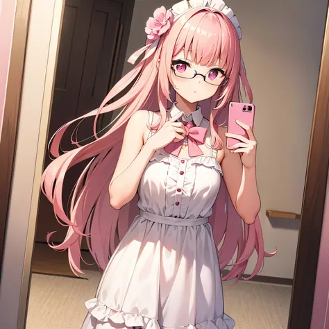 cute , long hair, pink hair, blunt bangs, 4k resolutions , best resolutions, pink eyes,wearing white dress, hair flower ornaments, bedroom pink, selfie mirror, wearing glasses