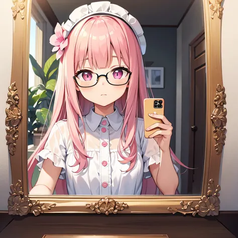 cute , long hair, pink hair, blunt bangs, 4k resolutions , best resolutions, pink eyes,wearing white dress, hair flower ornaments, bedroom pink, selfie on mirror, wearing glasses