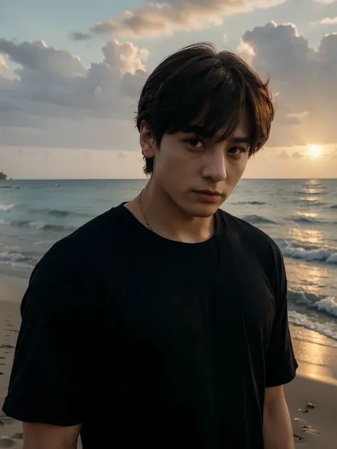 Jungkook in a black shirt in a place similar to the sunset on the beach with a serious expression 