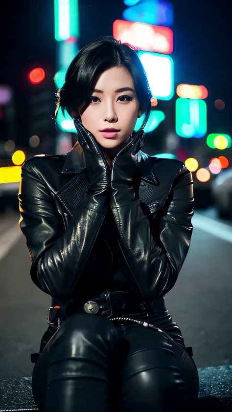 Black leather riders jacket, Office in the Dark, Black leather glove fingertips on both hands,Wearing black leather gloves,Sitting in a black leather chair、 Japan Female New Employees (Black leather gloves cover both hands) (The angle is sideways)、Black Le...