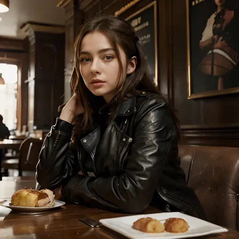 there is a woman sitting at a table with a plate of food, promotional still, charli bowater, promo still, still from alita, portrait sophie mudd, at a cafe table, mid shot portrait, an edgy teen assassin, she wears leather jacket, in a menacing pose, attra...