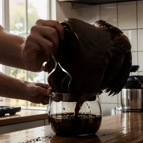 A realistic image of a hand holding a clear glass cup of coffee, with the steam rising from the coffee transforming into a graceful, smoke-like figure of a eagle. The scene is set on a kitchen counter with scattered coffee beans and a grinder in the backgr...