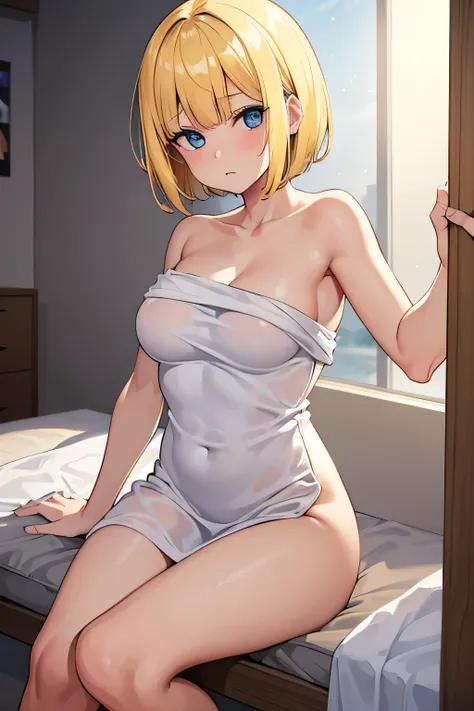 1girl, short hair, yellow hair, blunt bangs, only wearing towel, completely naked, 8k resolutions , best resolutions, bedroom, blue eyes, medium breast