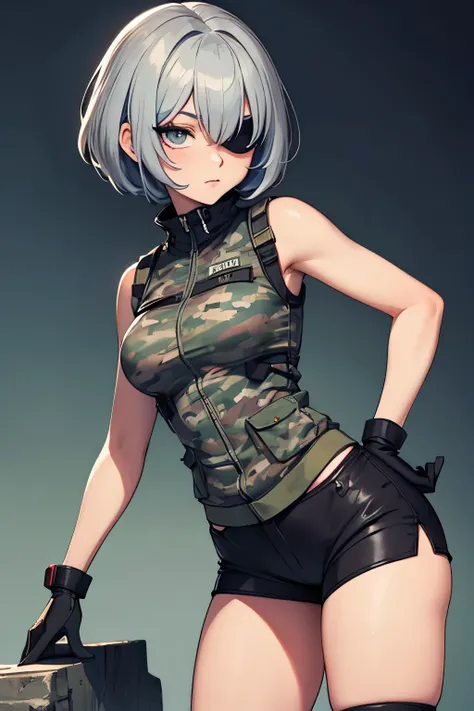 Point Blank style character, sketch drawing, colorful, detailed art, girl with short gray emo style hair with bangs covering her eyes, soft black makeup around her eyes, in a gray top with military vest, in short camouflage military shorts, in gloves in dy...