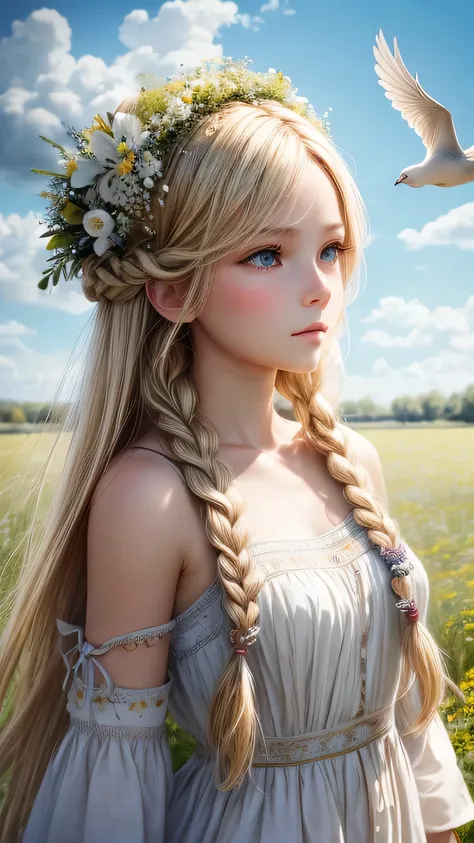 young beautiful girl, Russian beauty blonde, long hair, wicker, On his head he has a wreath of wildflowers, holding a white dove in his hands, summer, sunny day, High blue sky, Summer Field, Herbage, Hyperrealism, ultra detailed, masterpiece, Cinematic