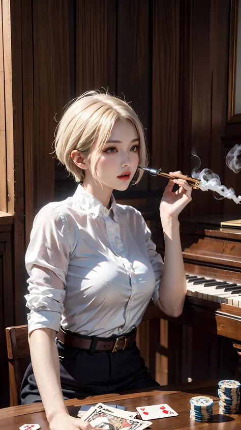 Short Haired Female Cowboy in a Saloon in the Old West,Blonde,Sitting,Smoking Pipe,Table Wisky,Piano,6 Bullet Revolver,Barrel,Table,Playing Cards,Dust,Artwork,3D,4K,Detailed,Realistic