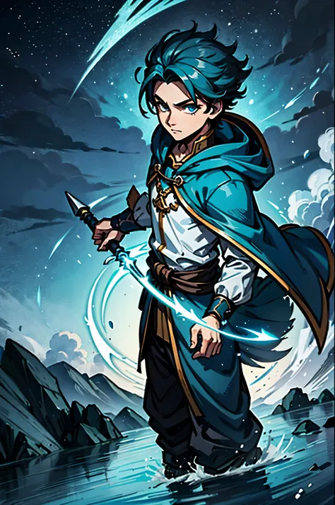 a boy，man，swordsman，green hair，whirlwind，hapiness，agility，cloak，storm，Cyan clothes，ultra high definition，stand