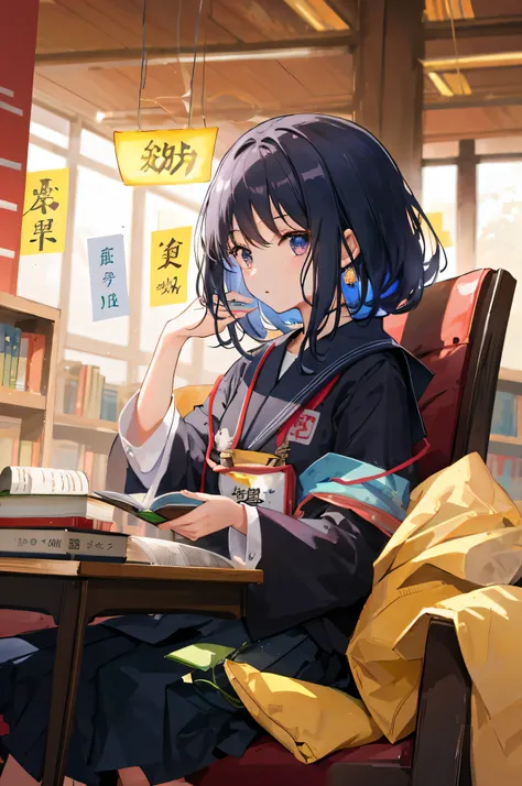 arafed asian girl sitting in a chair read a book, In the library读书, student, 穿着日本student服, Qingfu, read new books, read a book, Girls wear, In the library, 日本女student校服, books library study, lofi girl, Shot with Canon 80D, studying in a brightly lit room,C...